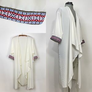 NWT LuLa Roe White Kimono Duster Embroidered Cuff Open Flowy Chiffon Boho Beachy